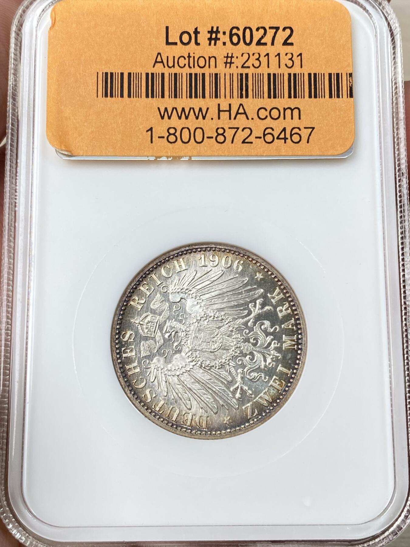 万国钱币拍卖第060期（万国六十期纪念大拍） NGC MS65 1906德国巴登结婚纪念长翅2马克银币 丝绸转光香槟金渐变环五彩极美 NGC老白盒顶级收藏品质