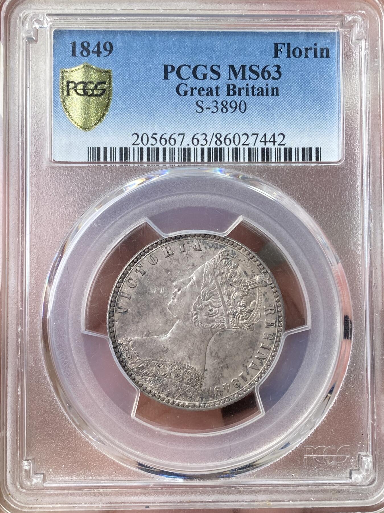 万国钱币拍卖第060期（万国六十期纪念大拍） PCGS MS63 1849年英国维多利亚女王无神弗洛林 热度居高不下的品种 深打原光纸袋包浆 状态极其舒适的典藏级品质