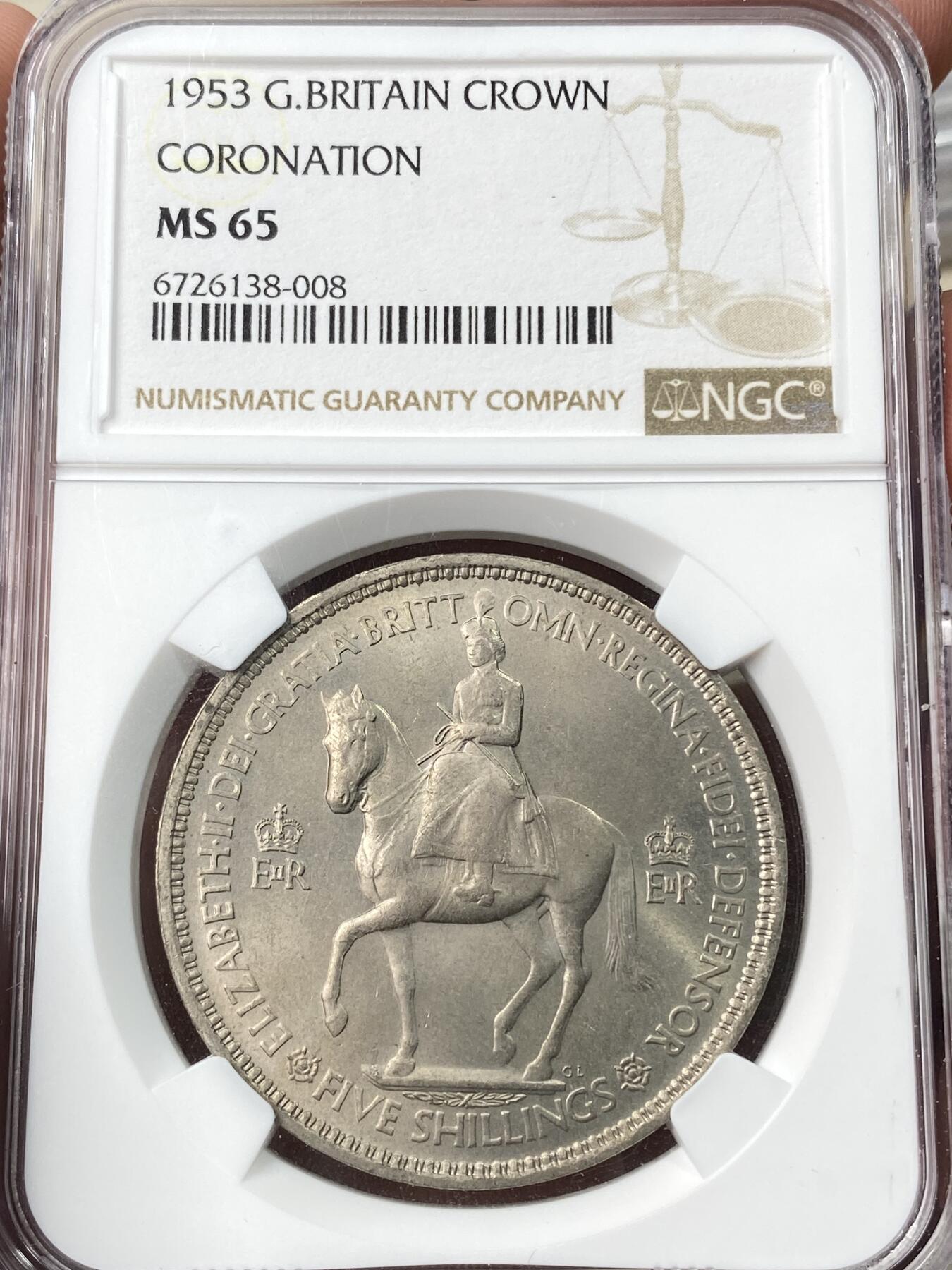 万国钱币拍卖第060期（万国六十期纪念大拍） NGC MS65 1953英国女王伊丽莎白二世加冕纪念克朗镍币 原味转光BU品质
