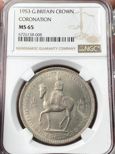 万国钱币拍卖第060期（万国六十期纪念大拍） - NGC MS65 1953英国女王伊丽莎白二世加冕纪念克朗镍币 原味转光BU品质