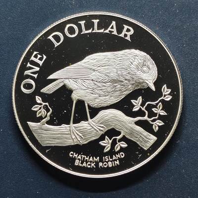 【全场包邮】纯粹捡漏拍499场-持续更新中 - 新西兰1984年1元本地鸟类系列查塔姆岛黑罗宾精制纪念银币【38.8毫米27.22克92.5%，纯银价约705元（按28元银价估算）】