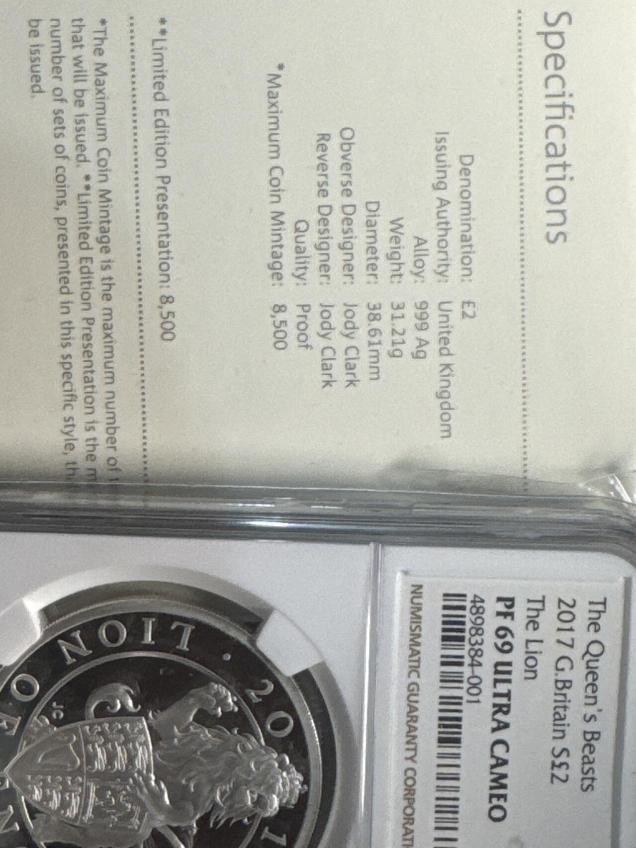 ❤️【币观天下】❤️ 第341期钱币拍卖- 2026.1.30周五晚上6点半场-长期征集拍品 春节前最后一场本场不能存放 节后恢复拍卖 英国2017年女王神兽系列首枚 英格兰狮子1盎司精制银币(999银) NGC PF69UC 盒证齐全