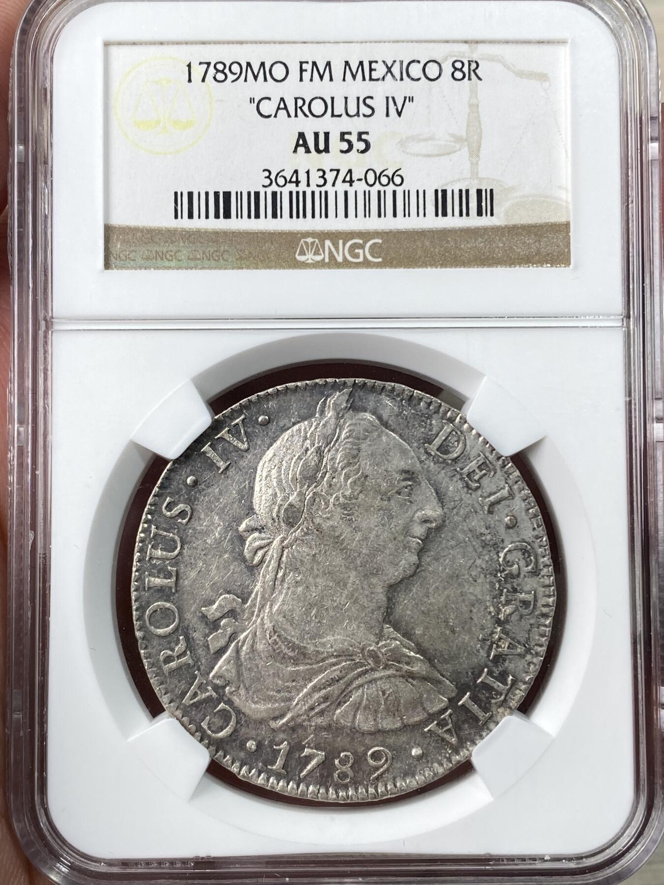 万国钱币拍卖第060期（万国六十期纪念大拍） NGC AU55 1789MOFM西属墨西哥卡洛斯四世过渡版人像双柱8R 原味深打有裂模线