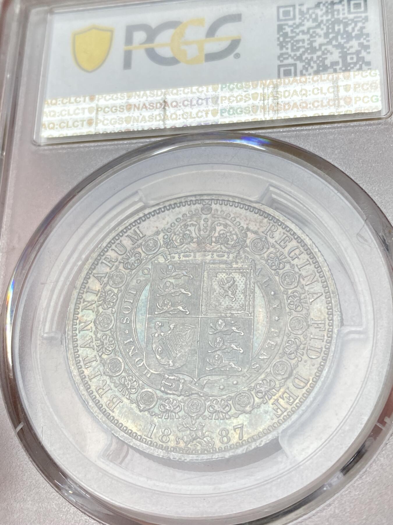 万国钱币拍卖第060期（万国六十期纪念大拍） PCGS MS64 1887年英国维多利亚女皇高冠半克朗银币 原光孔雀蓝五彩包浆极美