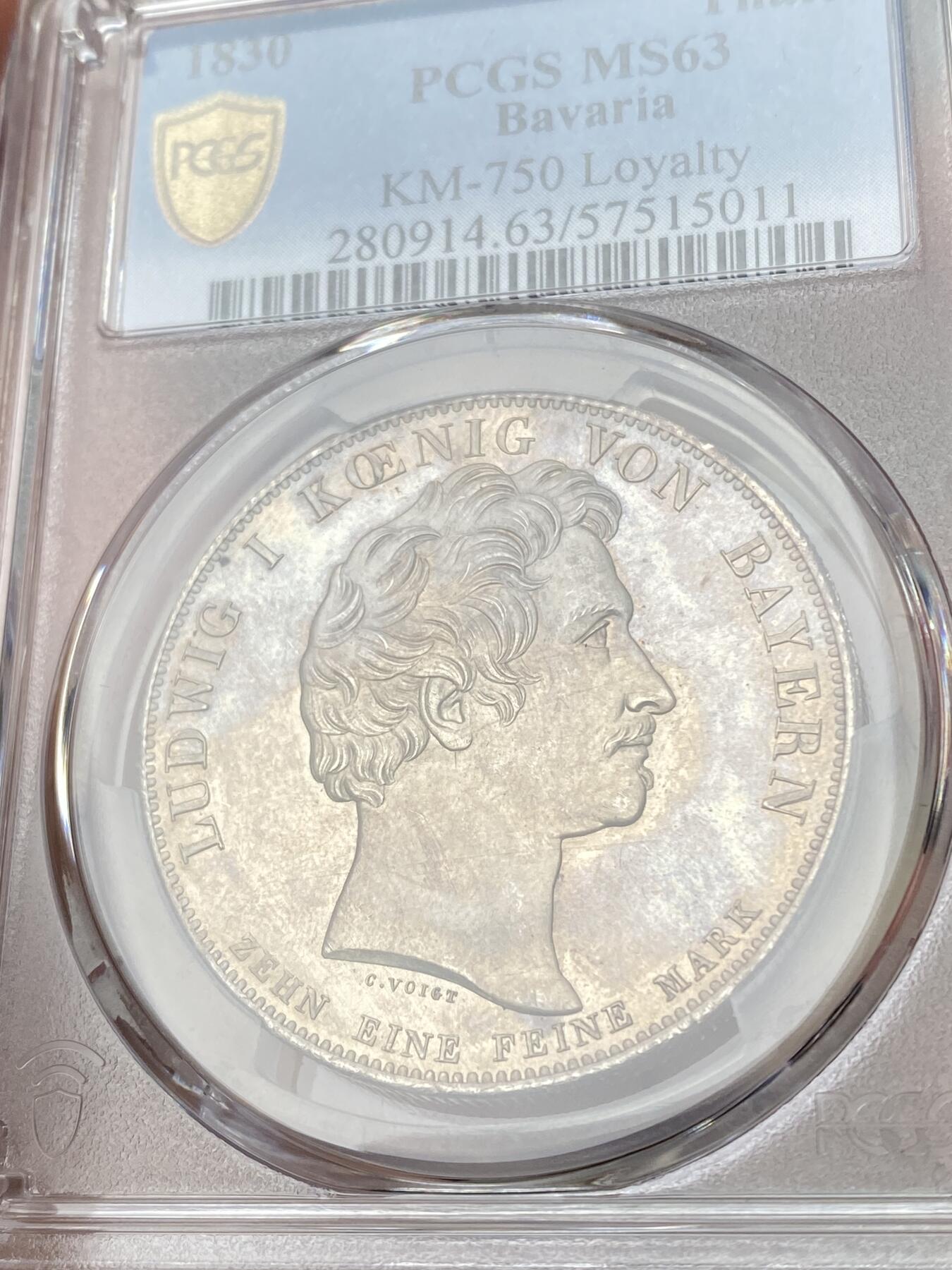 万国钱币拍卖第060期（万国六十期纪念大拍） PCGS MS63 1830年德国巴伐利亚忠于皇室历史大泰勒 路德维希一世敕令发行 用于感激1830年德国社会主义运动中巴伐利亚人民对王室的忠诚 原味德式淡彩状态难得 收藏级品质