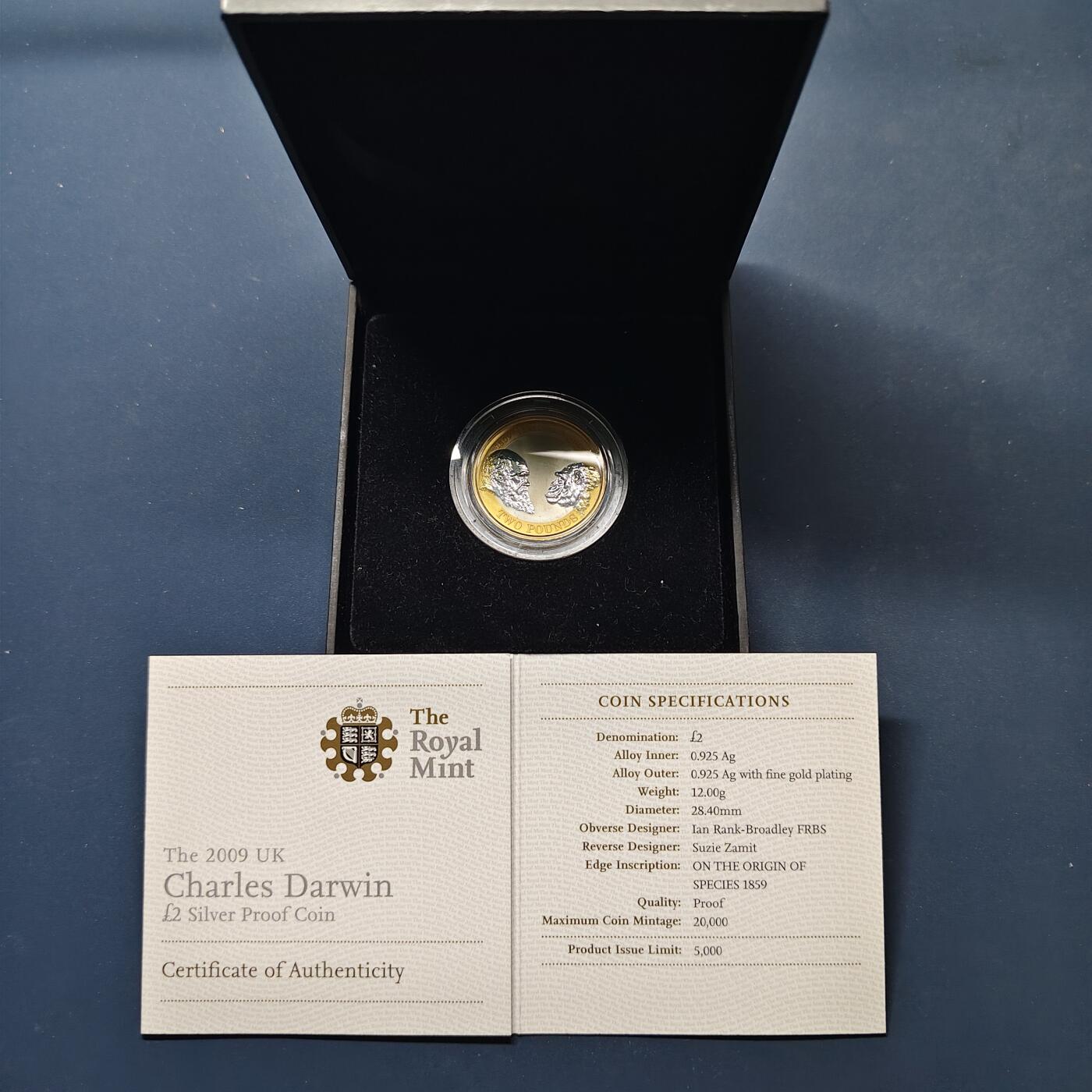 【全场包邮】纯粹捡漏拍499场-持续更新中 【少见】英国2009年2镑达尔文《物种起源》发行150周年精制外圈镀金纪念银币【28.4毫米12克92.5%，纯银价约311元（按28元银价估算）】-盒证全-量5000