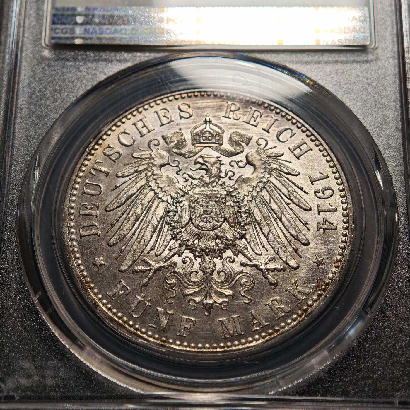 【德藏】世界币章拍卖第163期（拍品征集中~欢迎藏友联系） 914年 德国安哈特-德绍公爵银婚5马克纪念银币 发行量3万枚 PCGS MS63 五彩包浆 状态极佳