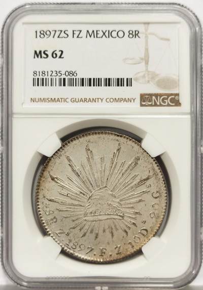 博洋堂世界钱币拍卖第159期（全场包邮） - NGC MS62 墨西哥1897年ZS FZ版花边鹰洋，关门年份，原味窖藏状态，卷尾重五彩包浆，极具视觉冲击力