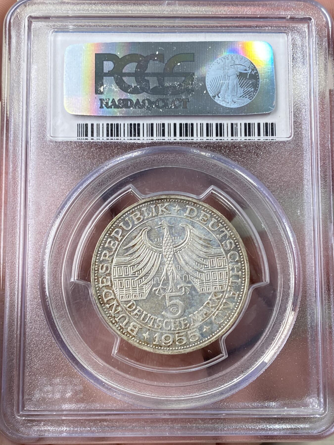万国钱币拍卖第060期（万国六十期纪念大拍） PCGS MS65 1955西德纪念路德维希·冯·巴登诞辰300周年5马克银币 BU品质香槟金彩极美