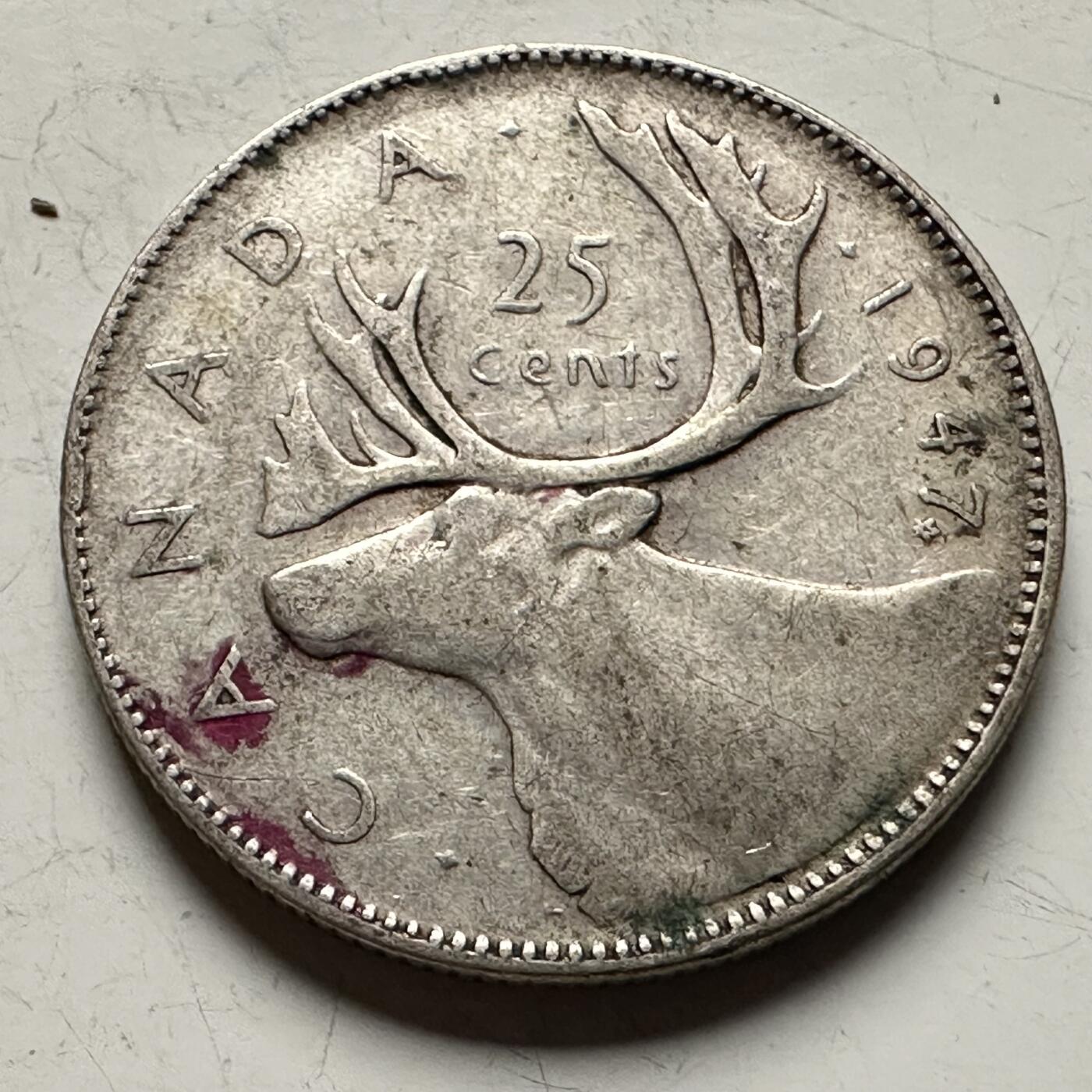 🌹外币初藏🌹🐯2026年第13场  每周二四六晚8️⃣点 接代拍 加拿大1947年25分银币 5.8克 80%银