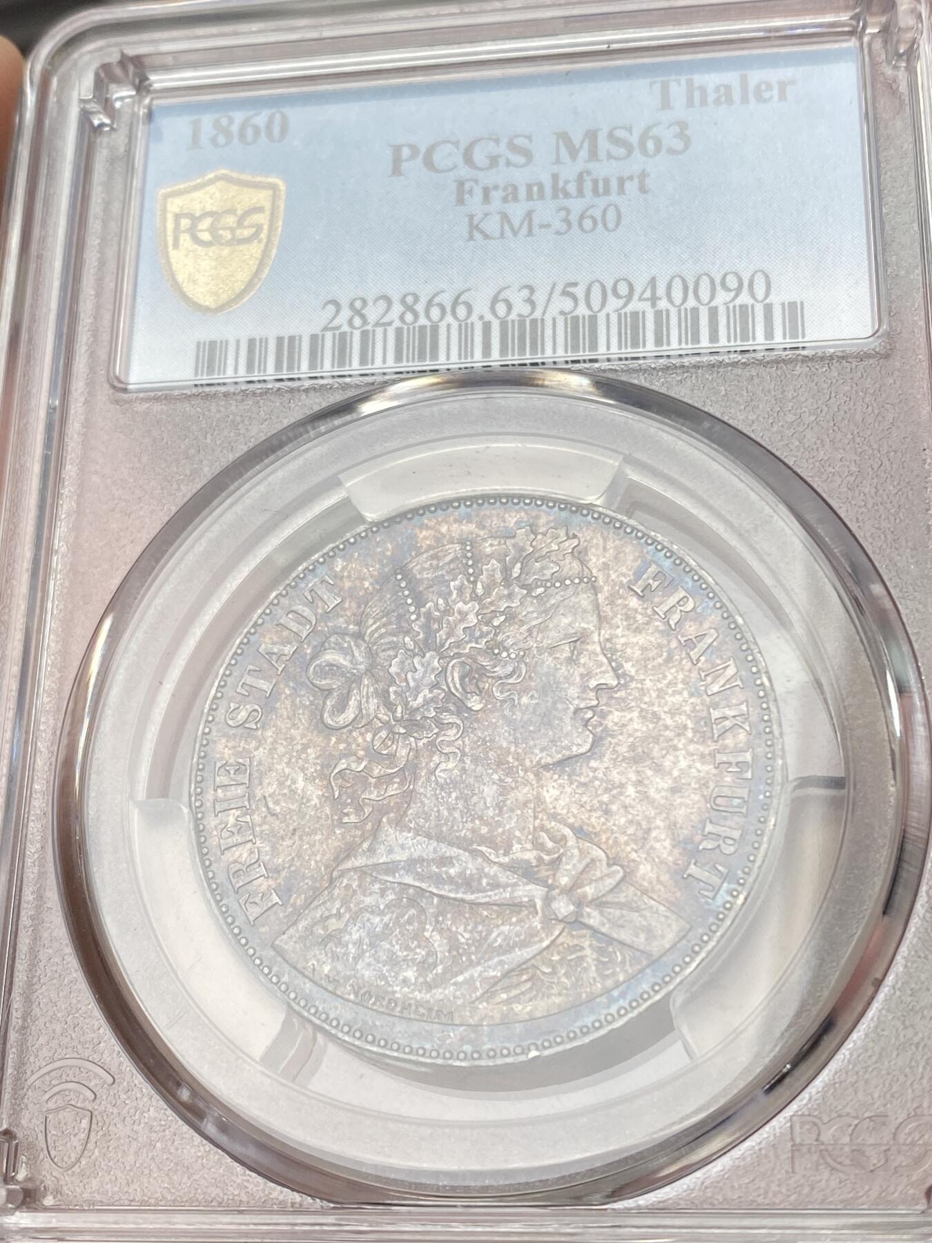 万国钱币拍卖第060期（万国六十期纪念大拍） PCGS MS63 1860德国法兰克福自由市流通少女泰勒 法兰城经典品种 极美厚重五彩也难掩其底光迸发 收藏级品质