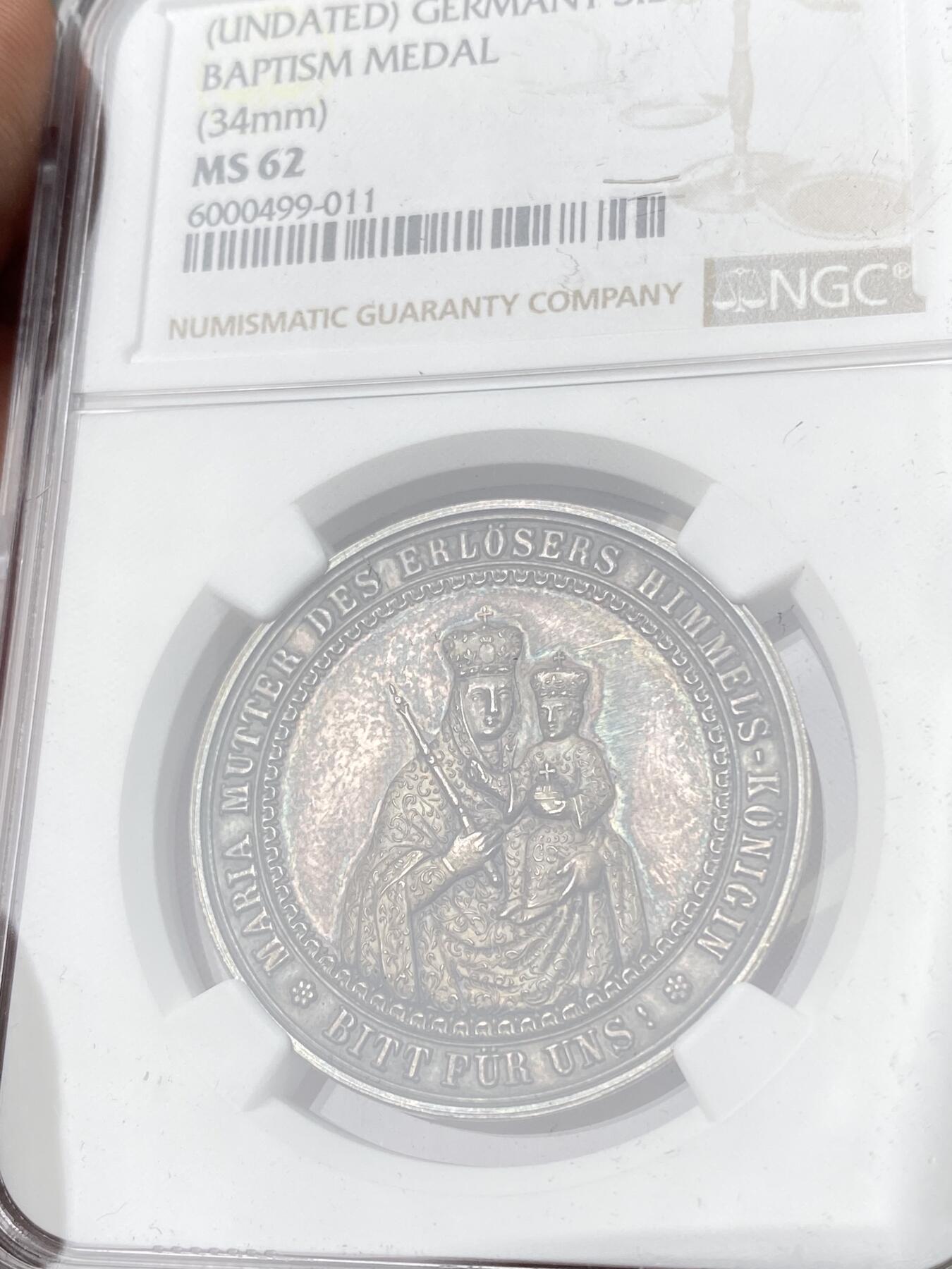 万国钱币拍卖第060期（万国六十期纪念大拍） NGC MS62 19世纪德国圣母抱婴坚信礼纪念银章 天鹅绒五彩浮雕极致美丽
