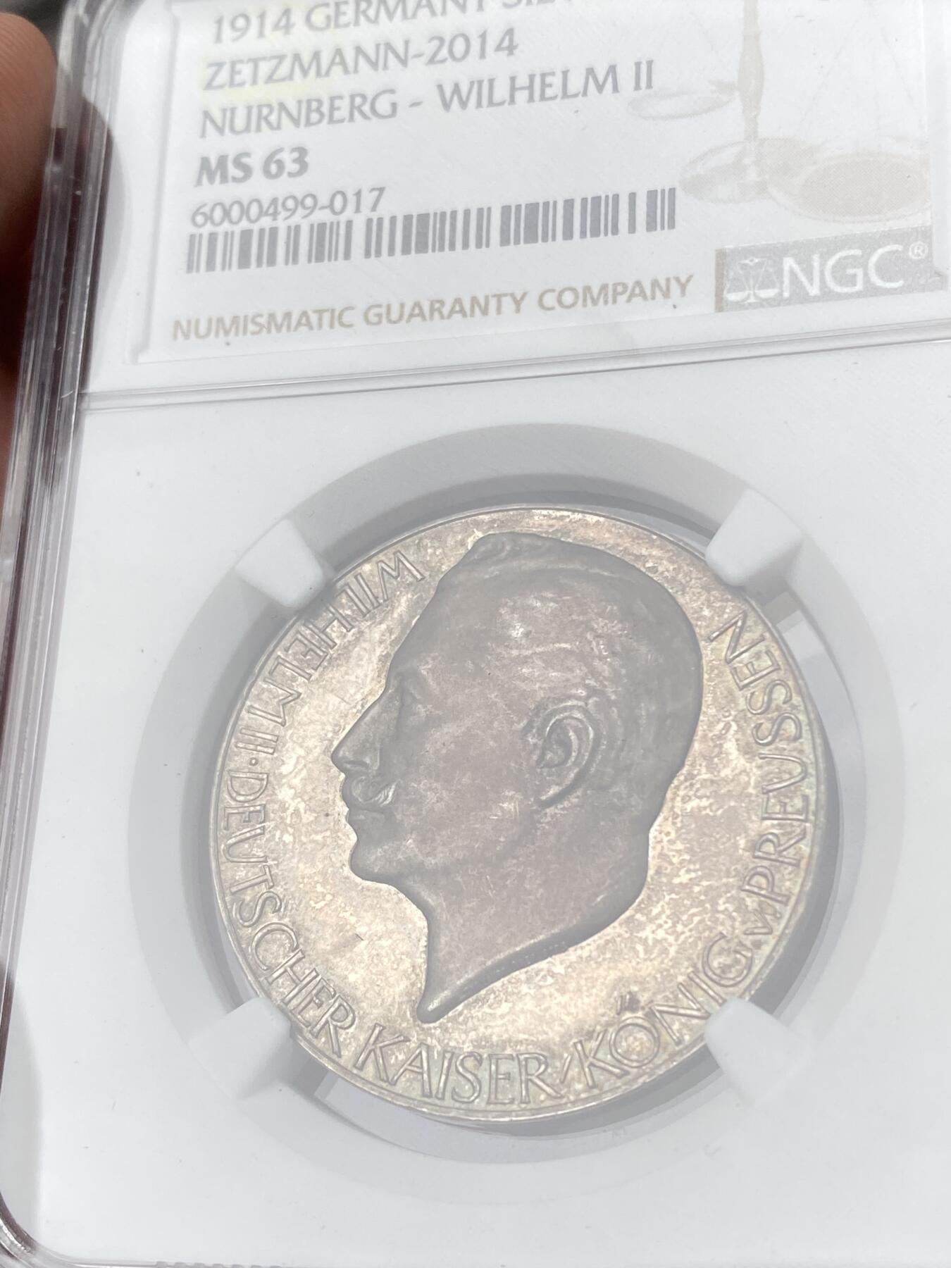 万国钱币拍卖第060期（万国六十期纪念大拍） NGC MS63 1914年德国威廉二世一战纪念银章 高浮雕镜面金红彩极其漂亮