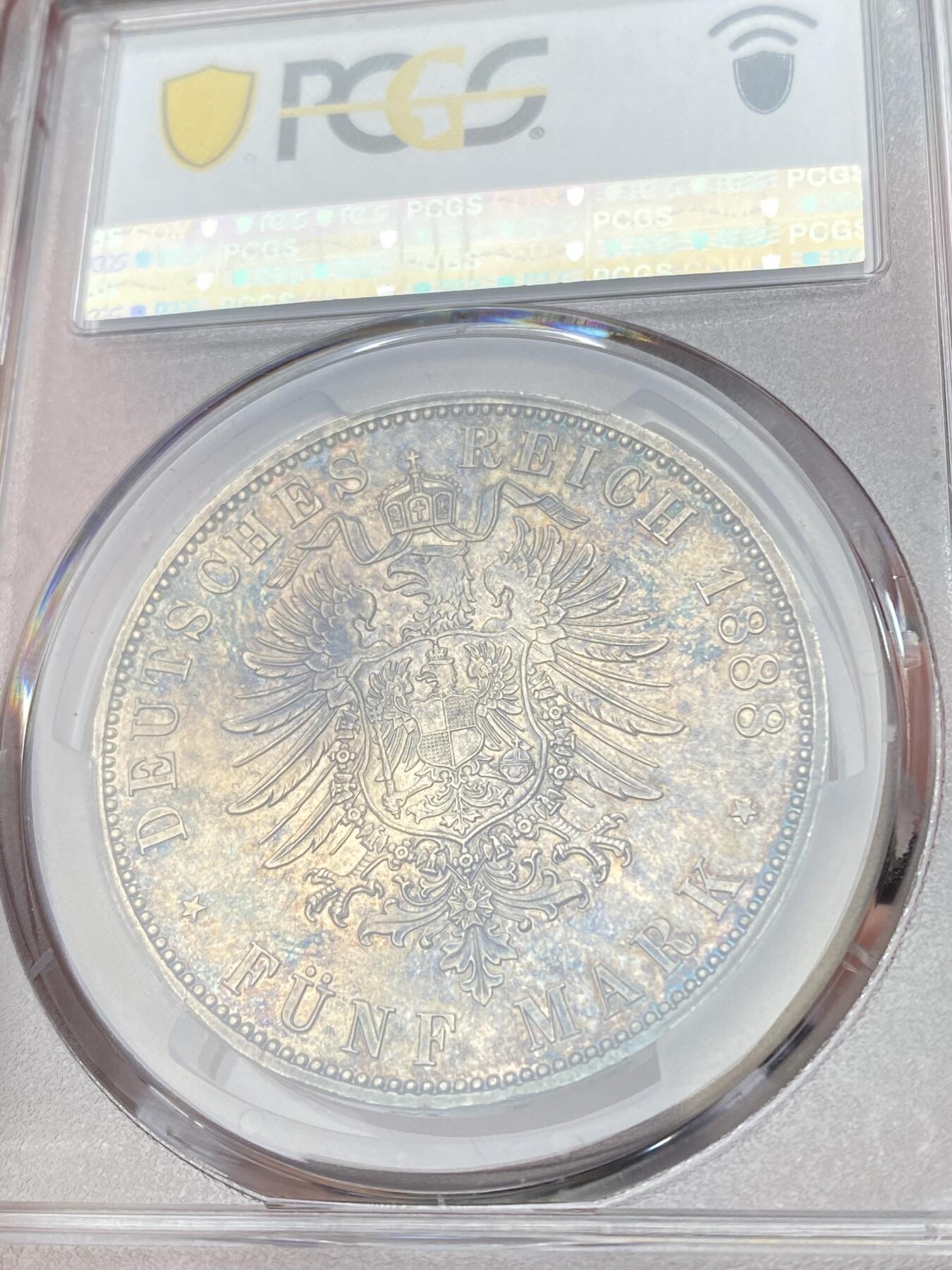 万国钱币拍卖第060期（万国六十期纪念大拍） PCGS MS62 1888德国普鲁士三皇年弗雷德里希三世流通短翅5马克银币 打制锋利厚重黑五彩包浆极美