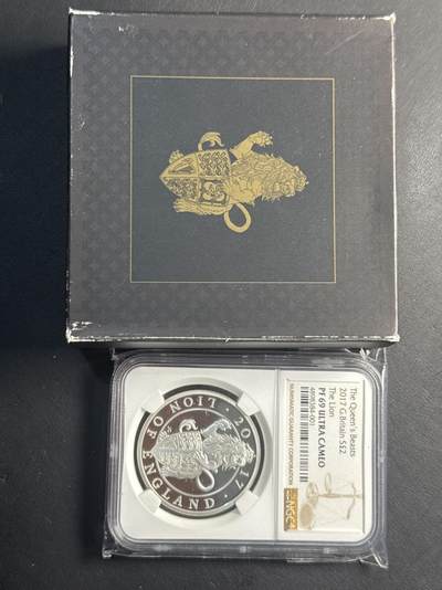 ❤️【币观天下】❤️ 第341期钱币拍卖- 2026.1.30周五晚上6点半场-长期征集拍品 春节前最后一场本场不能存放 节后恢复拍卖 - 英国2017年女王神兽系列首枚 英格兰狮子1盎司精制银币(999银) NGC PF69UC 盒证齐全