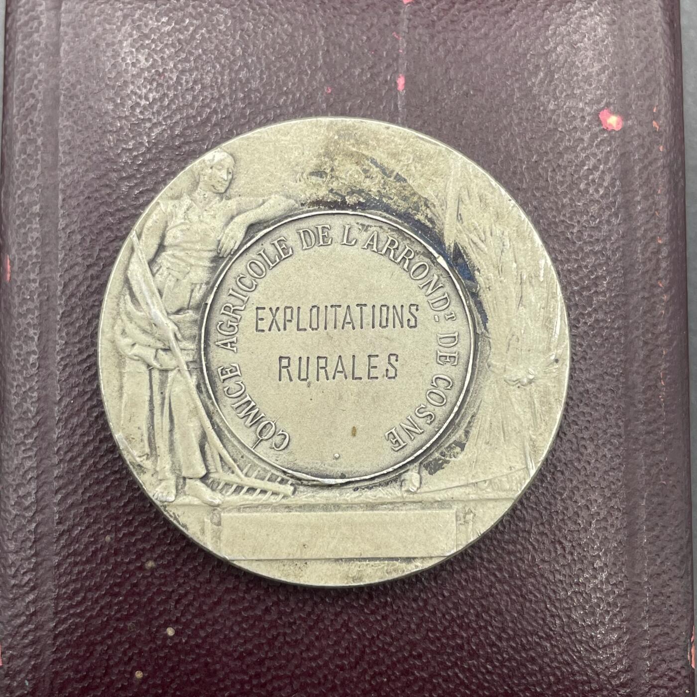 「木头集藏」章牌专场-第67场 Rivet～法国科讷区农业展览会原盒银奖章，直径：36 mm，21.1 g，边铭：丰饶角 1 ARGENT，品相不错，原盒正常使用