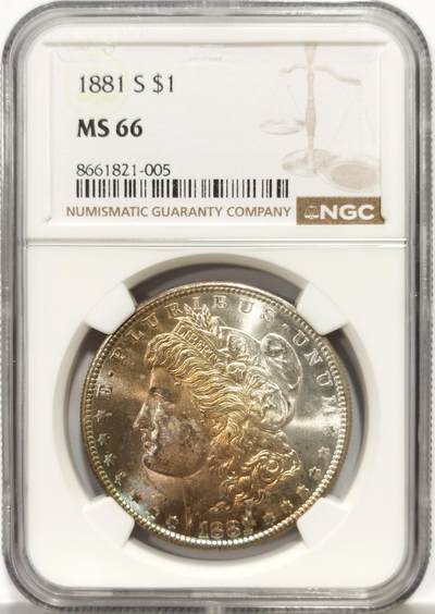 博洋堂世界钱币拍卖第159期（全场包邮） - NGC MS66 美国1881 S 摩根 卷首五彩包浆