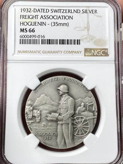 万国钱币拍卖第060期（万国六十期纪念大拍） - NGC MS66 1932年瑞士货运协会纪念银章 精制磨砂浮雕质感