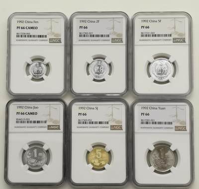 博洋堂世界钱币拍卖第159期（全场包邮） - NGC PF66/66CAMEO 中国1992年壹分、贰分、伍分、菊花1角、梅花5角、牡丹1元精制币一套6枚