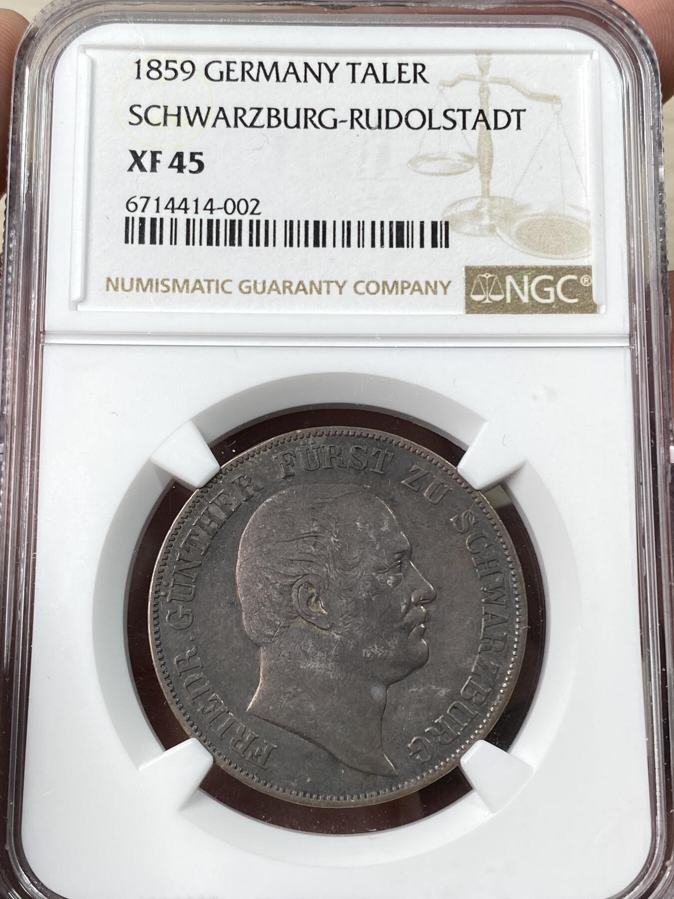 万国钱币拍卖第060期（万国六十期纪念大拍） NGC XF45 1859德国施瓦茨堡-鲁多尔施塔特流通双头鹰泰勒 高难小邦品种 双面原味黑漆古包浆 细节尚佳