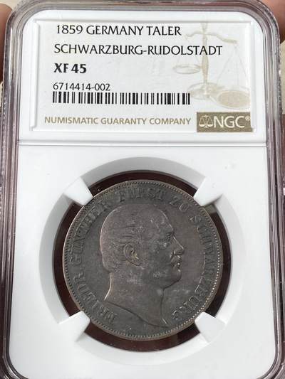 万国钱币拍卖第060期（万国六十期纪念大拍） - NGC XF45 1859德国施瓦茨堡-鲁多尔施塔特流通双头鹰泰勒 高难小邦品种 双面原味黑漆古包浆 细节尚佳