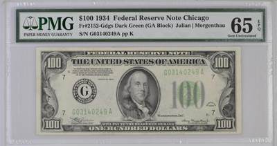 【礼羽收藏】🌏世界钱币拍卖第122期 - 1934年 100美金 深绿色 老壳PMG65