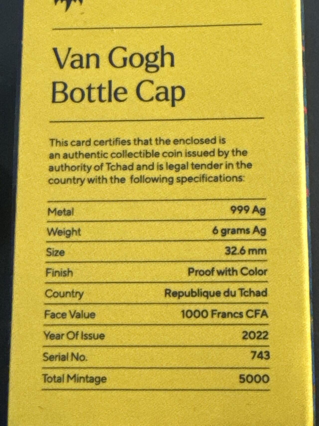 ❤️【币观天下】❤️ 第341期钱币拍卖- 2026.1.30周五晚上6点半场-长期征集拍品 春节前最后一场本场不能存放 节后恢复拍卖 乍得2022年梵高瓶盖形状彩色银币6克盒证齐全