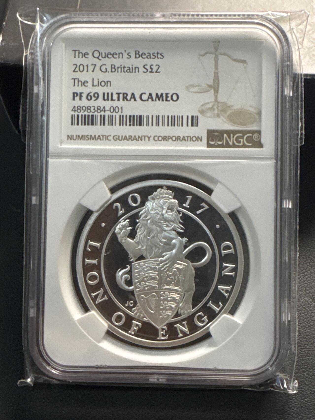 ❤️【币观天下】❤️ 第341期钱币拍卖- 2026.1.30周五晚上6点半场-长期征集拍品 春节前最后一场本场不能存放 节后恢复拍卖 英国2017年女王神兽系列首枚 英格兰狮子1盎司精制银币(999银) NGC PF69UC 盒证齐全