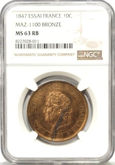 博洋堂世界钱币拍卖第159期（全场包邮） - NGC MS63RB 法国1847年路易菲利普10生丁铜样币