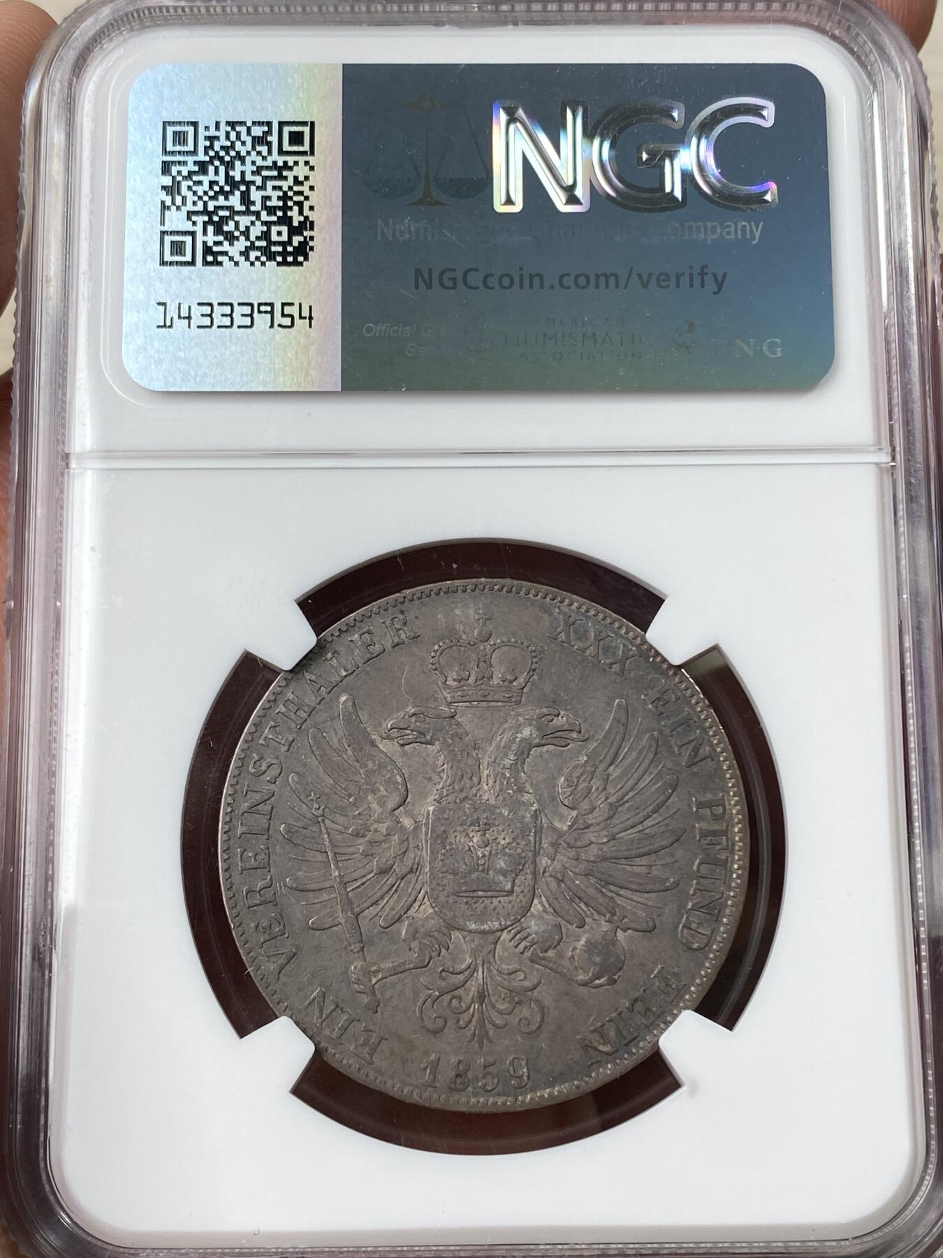 万国钱币拍卖第060期（万国六十期纪念大拍） NGC XF45 1859德国施瓦茨堡-鲁多尔施塔特流通双头鹰泰勒 高难小邦品种 双面原味黑漆古包浆 细节尚佳