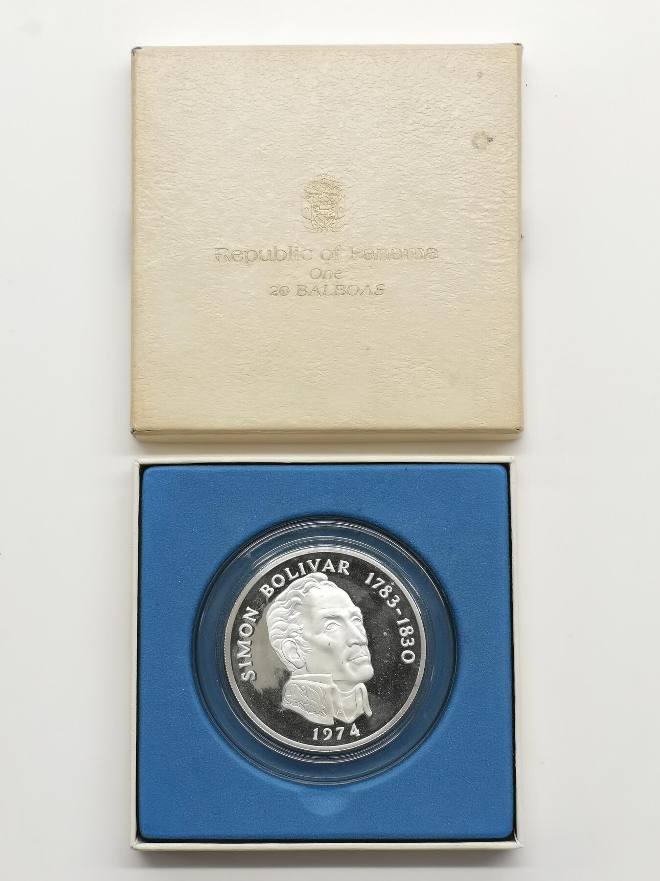 博洋堂世界钱币拍卖第159期（全场包邮） 巴拿马1974年纪念美洲反抗殖民主义帝国主义英雄西蒙德·玻利瓦尔大银币，131克，925银，带原盒无证书
