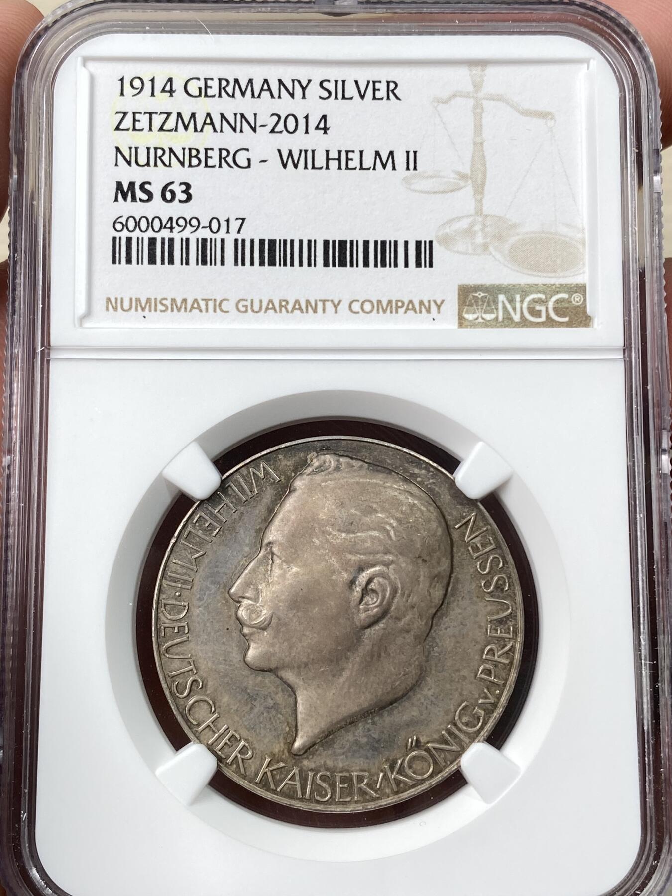 万国钱币拍卖第060期（万国六十期纪念大拍） NGC MS63 1914年德国威廉二世一战纪念银章 高浮雕镜面金红彩极其漂亮
