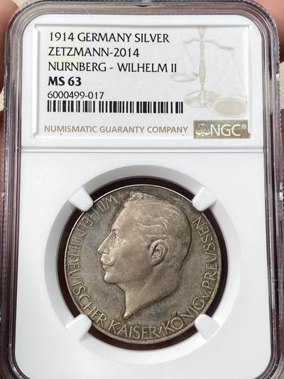 万国钱币拍卖第060期（万国六十期纪念大拍） - NGC MS63 1914年德国威廉二世一战纪念银章 高浮雕镜面金红彩极其漂亮