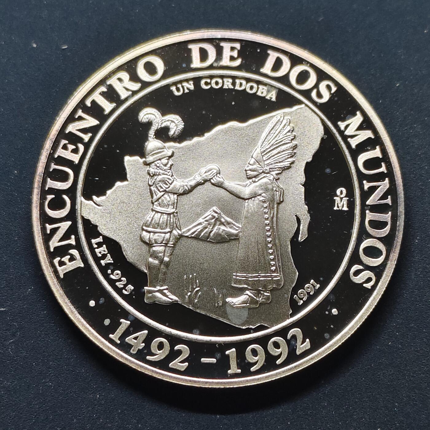 【全场包邮】纯粹捡漏拍499场-持续更新中 【伊比利亚美洲系列首套发现美洲500周年】尼加拉瓜1991年1科尔多巴精制纪念银币【40毫米27克92.5%，估算纯银价约699元（按28元/克银价核算）】