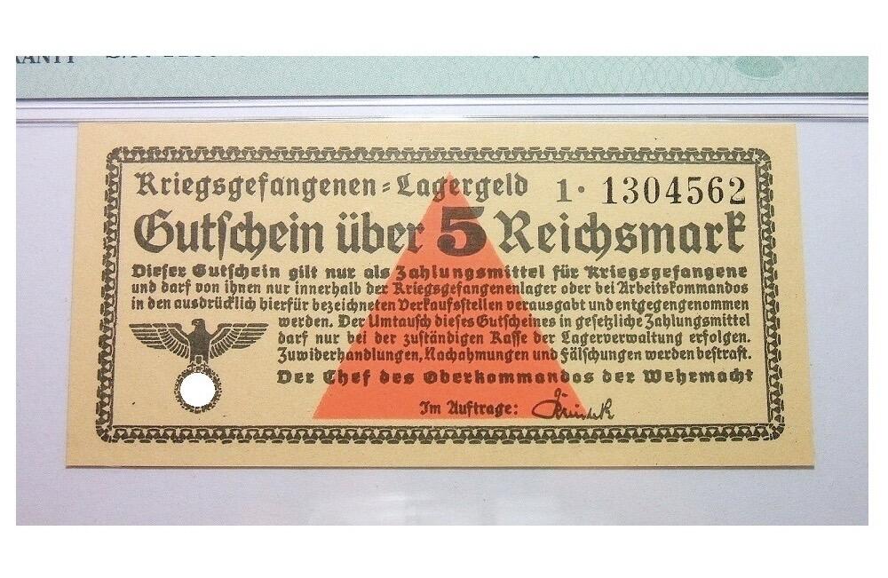 【旋风钱币】1月31日19:00准时开拍 精美欧洲币章、银币银章、第三帝国钱币等 全场包邮！ PMG MS64 德国第三帝国1939-44年集中营战俘营5马克 原光挺版