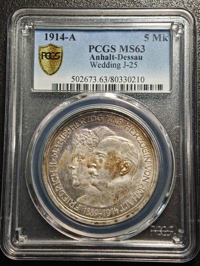 【德藏】世界币章拍卖第163期（拍品征集中~欢迎藏友联系） - 914年 德国安哈特-德绍公爵银婚5马克纪念银币 发行量3万枚 PCGS MS63 五彩包浆 状态极佳
