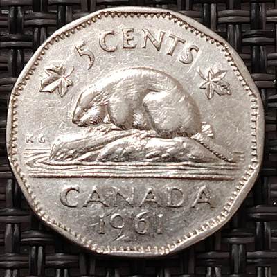 布加迪🐬～世界钱币(上海)🌾第 272 期 /  各国套币和散币 - 加拿大🇨🇦 1961年 5分 海狸图案 21.2mm ~L7