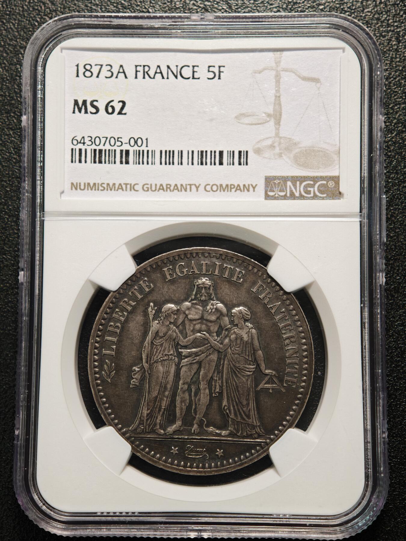 【德藏】世界币章拍卖第163期（拍品征集中~欢迎藏友联系） 1873年 法国大力神5法郎银币 NGC MS62 原味包浆