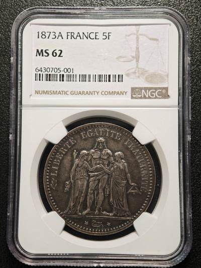 【德藏】世界币章拍卖第163期（拍品征集中~欢迎藏友联系） - 1873年 法国大力神5法郎银币 NGC MS62 原味包浆