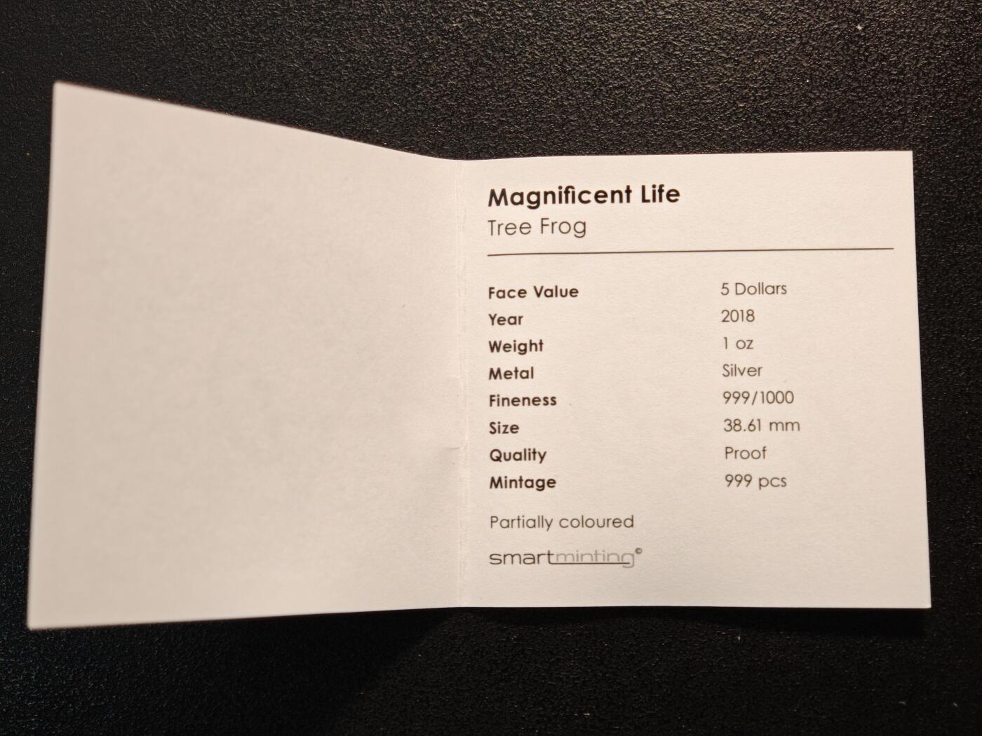 【德藏】世界币章拍卖第163期（拍品征集中~欢迎藏友联系）  2018年 库克群岛树蛙彩色精制纪念银币 999银 直径约：38.61mm；重约：1盎司 原盒 原证书