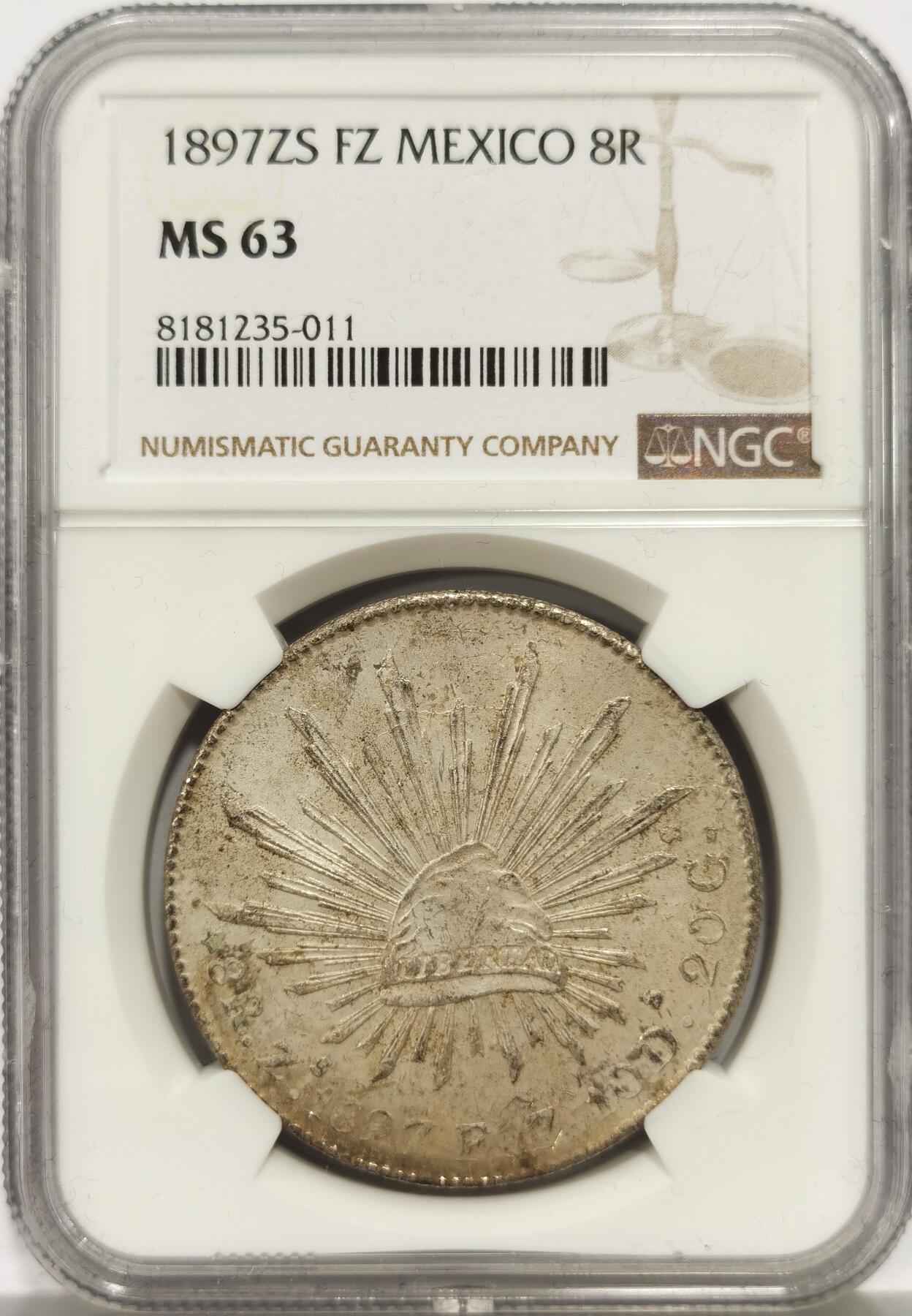 博洋堂世界钱币拍卖第159期（全场包邮） NGC MS63 墨西哥1897年ZS FZ版花边鹰洋，关门年份，原味窖藏状态，鹰面五彩包浆，即将起飞的品种