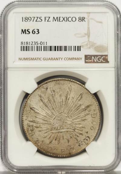 博洋堂世界钱币拍卖第159期（全场包邮） - NGC MS63 墨西哥1897年ZS FZ版花边鹰洋，关门年份，原味窖藏状态，鹰面五彩包浆，即将起飞的品种