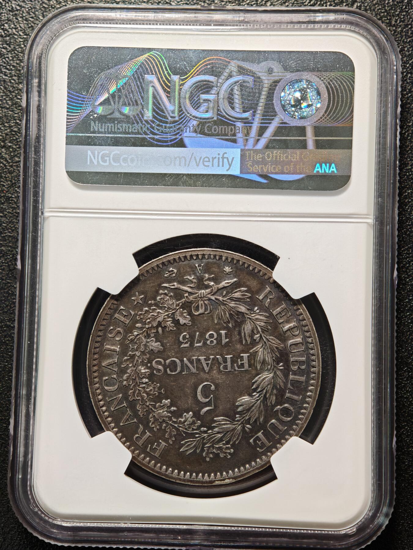 【德藏】世界币章拍卖第163期（拍品征集中~欢迎藏友联系） 1873年 法国大力神5法郎银币 NGC MS62 原味包浆