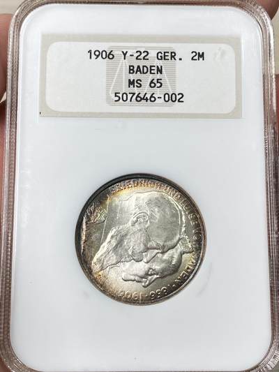 万国钱币拍卖第060期（万国六十期纪念大拍） - NGC MS65 1906德国巴登结婚纪念长翅2马克银币 丝绸转光香槟金渐变环五彩极美 NGC老白盒顶级收藏品质