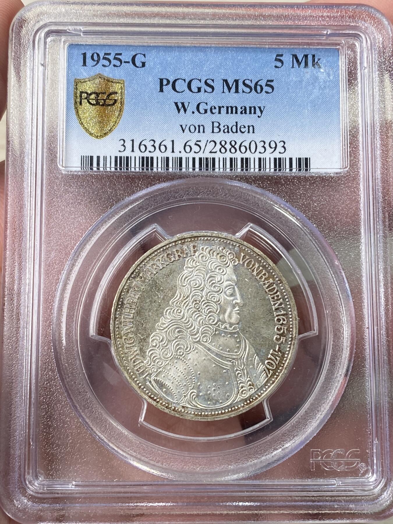 万国钱币拍卖第060期（万国六十期纪念大拍） PCGS MS65 1955西德纪念路德维希·冯·巴登诞辰300周年5马克银币 BU品质香槟金彩极美