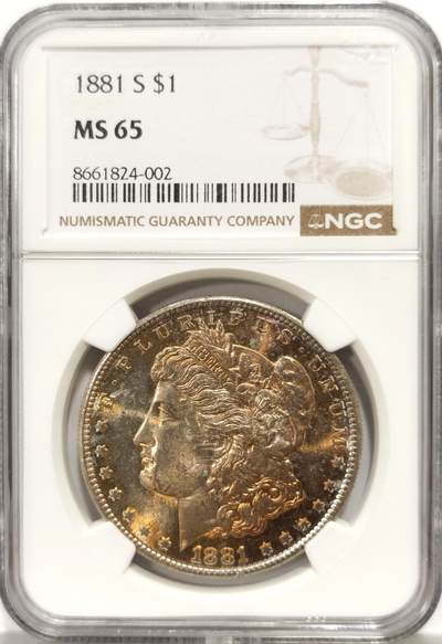 博洋堂世界钱币拍卖第159期（全场包邮） - NGC MS65 美国1881 S 摩根 卷首五彩包浆