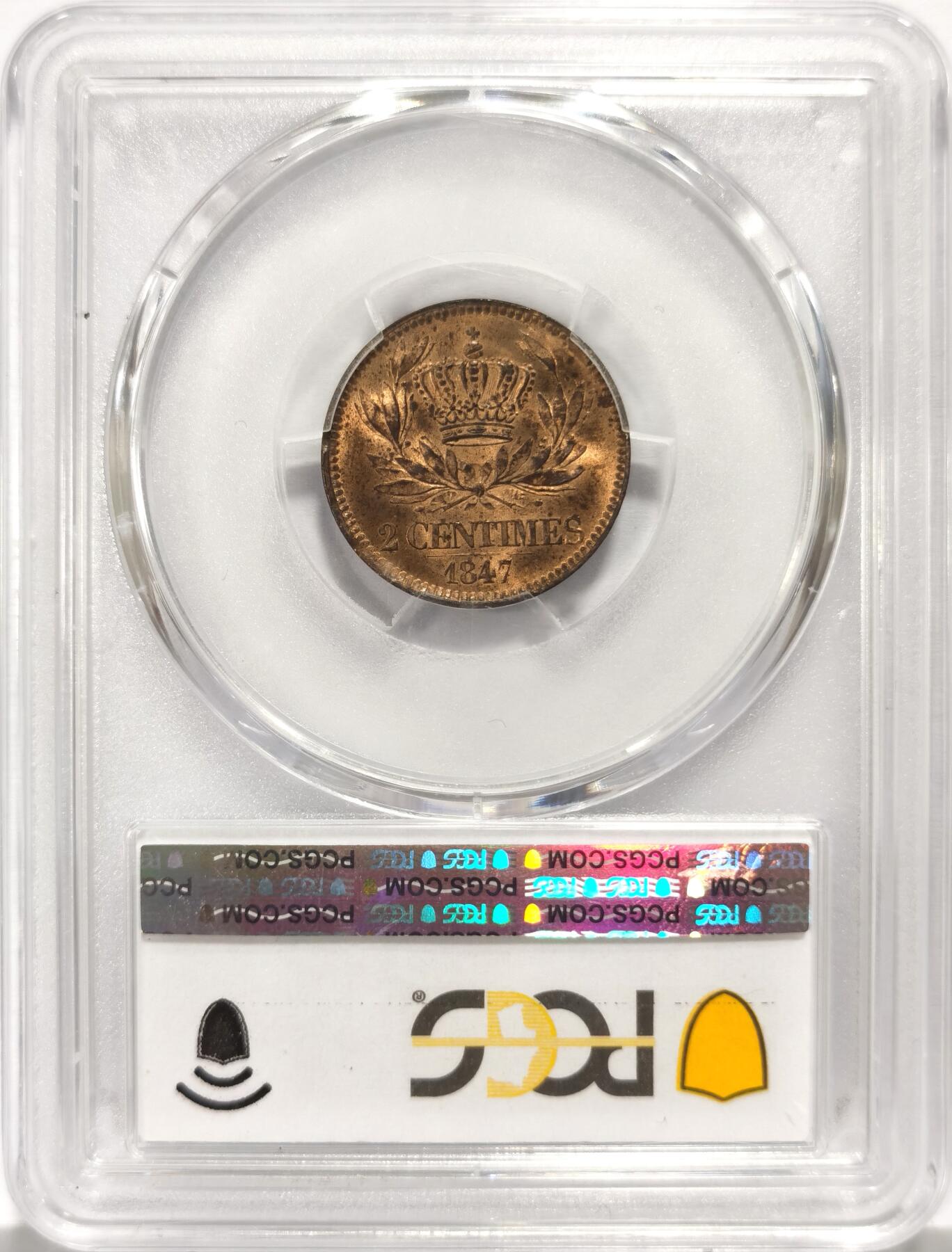 博洋堂世界钱币拍卖第159期（全场包邮） PCGS SP64RB 法国1847年路易菲利普2生丁铜样币，麦稀奇首见