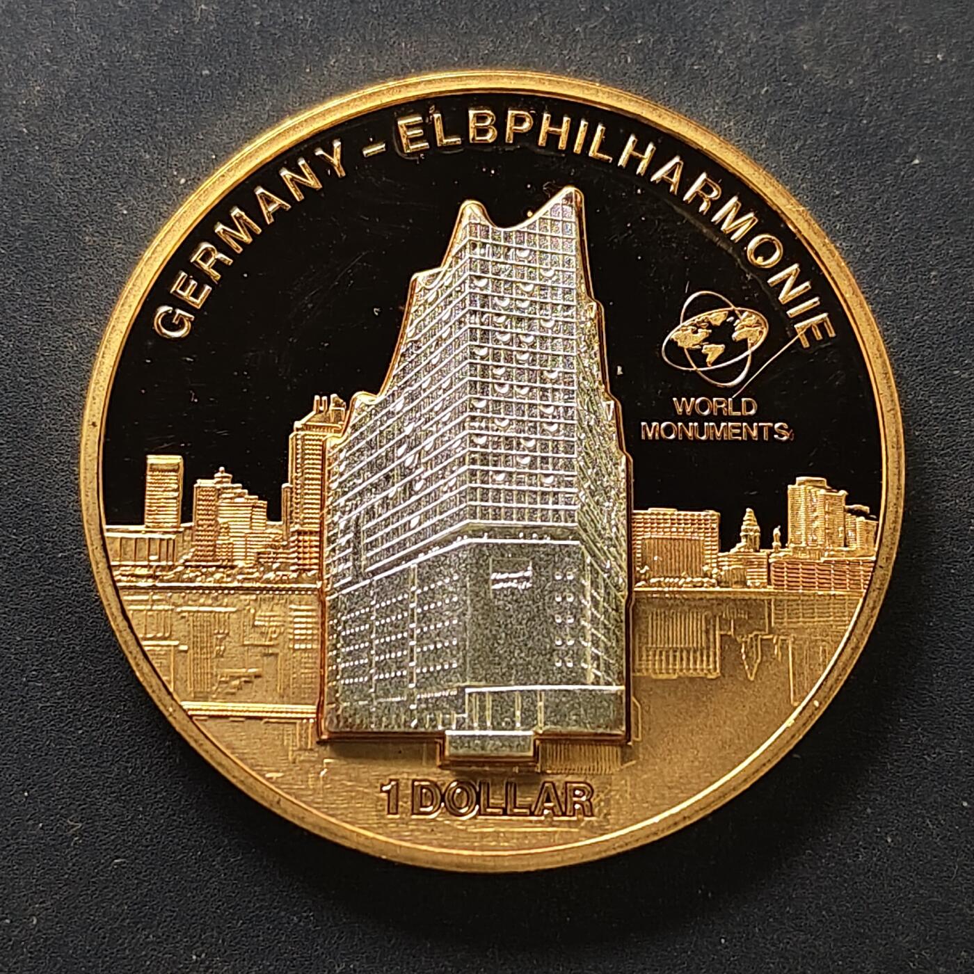 【全场包邮】纯粹捡漏拍498场-持续更新中 【少见】库克群岛2010年1元世界建筑系列德国易北音乐厅立体形精制镀金纪念币-量7500