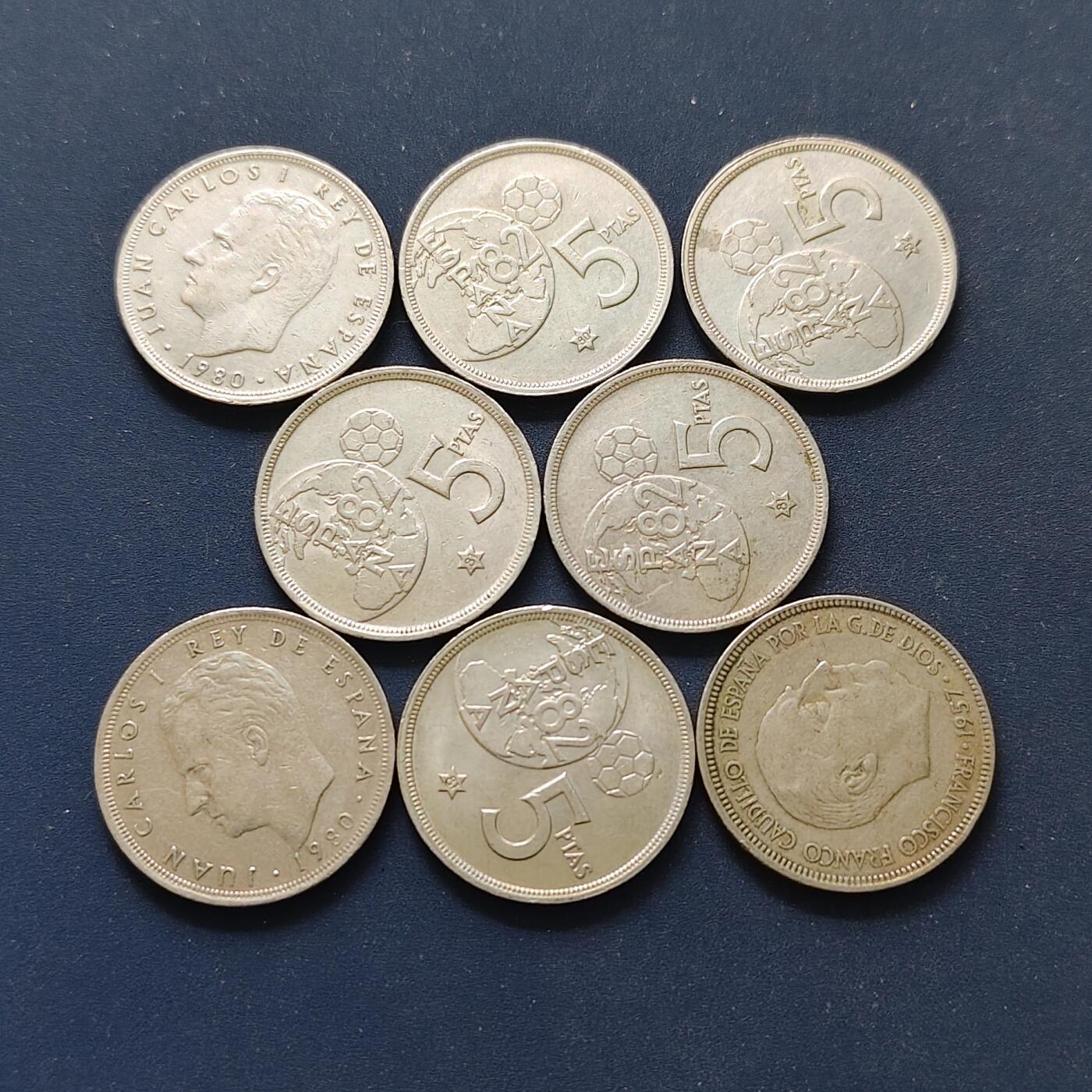 【全场包邮】纯粹捡漏拍498场-持续更新中 西班牙各年份5比塞塔8枚一组-含多枚世界杯纪念币