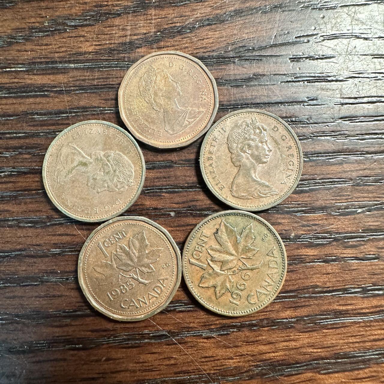 蒂克钱币-第58场 外国散币 奥运/博览会纪念章免佣限时拍 加拿大 枫叶1分 五枚